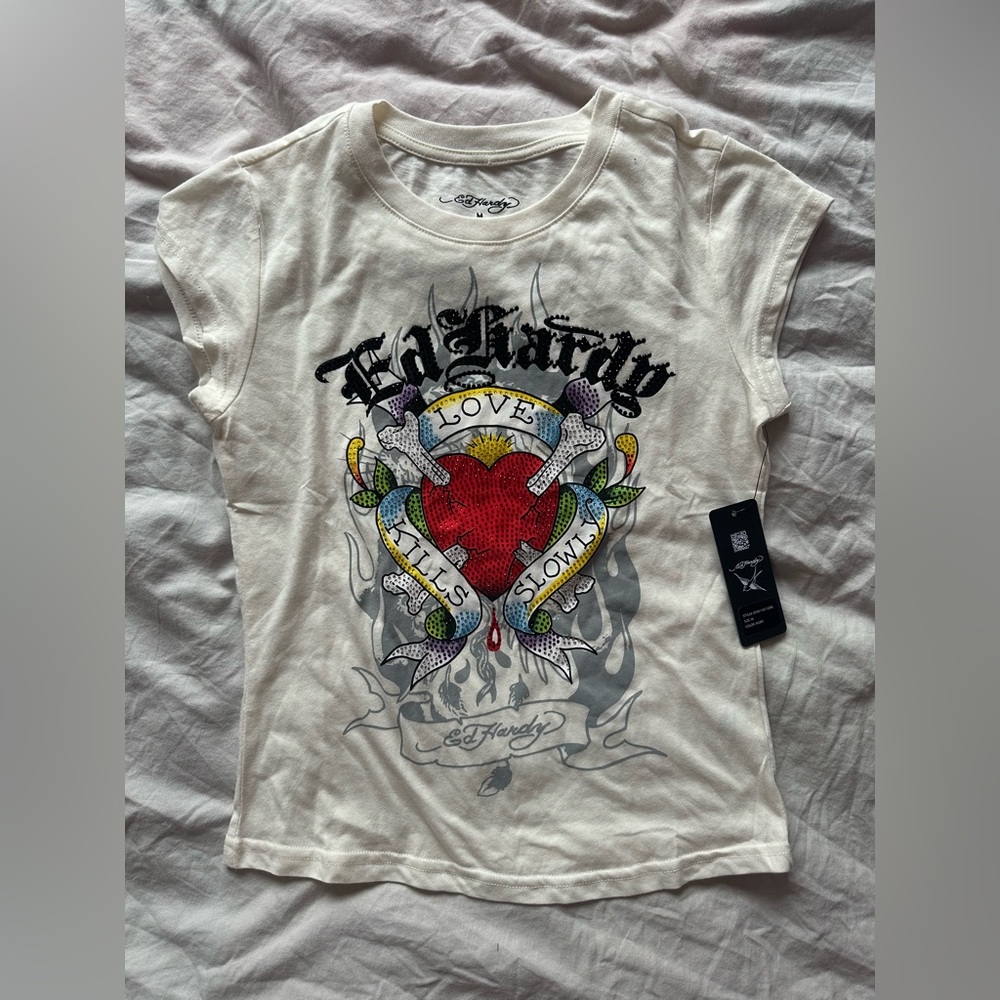 Ed Hardy Love Kills Slowly Graphic Rhinestone T-Shirt Ivory Size M